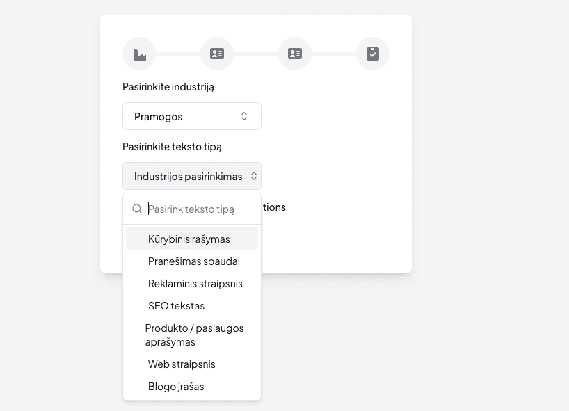 Pasirinkite teksto temą (industriją) ir teksto tipą