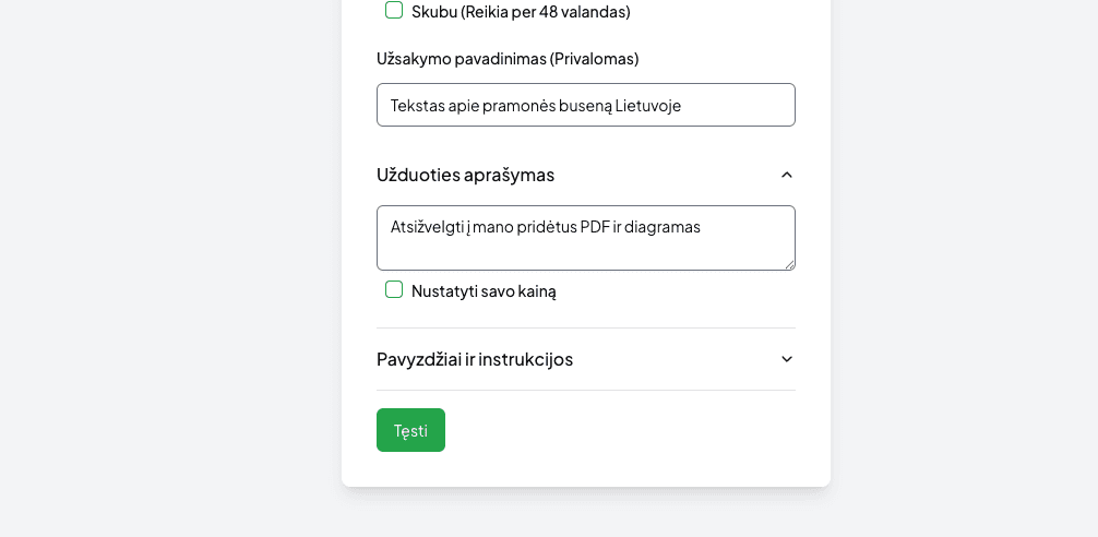 Papildykite užsakymą komentarais rašytojui